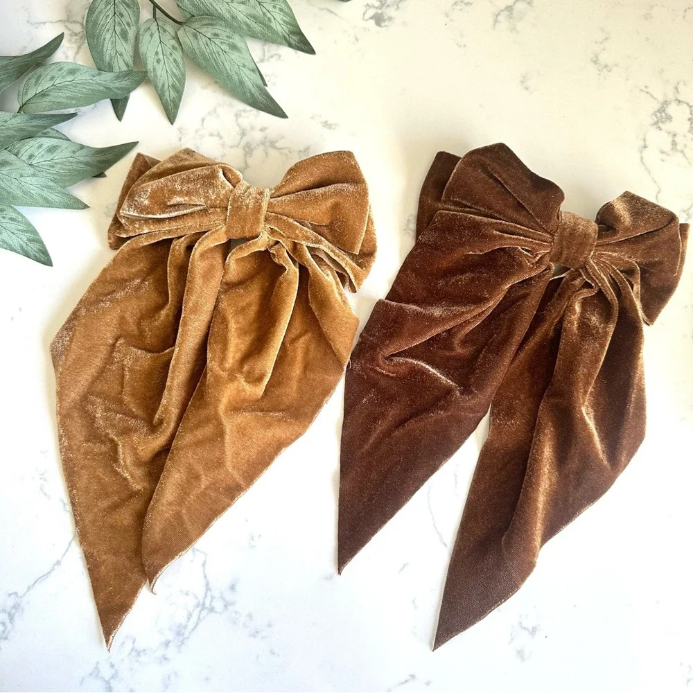 Velvet Bow Hair Clips - Gold and Brown